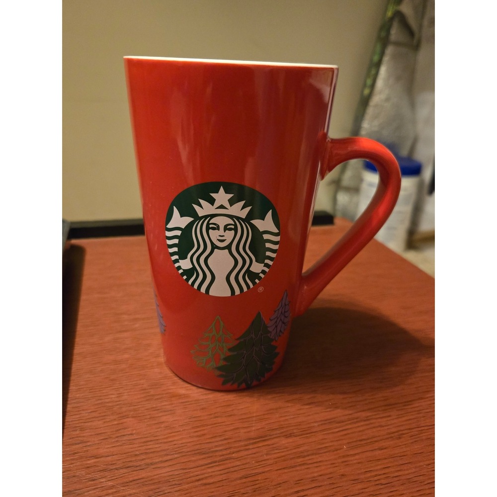 Starbucks 2020 Holiday Red Coffee Mug 16oz Siren Logo Evergreen Trees Ceramic